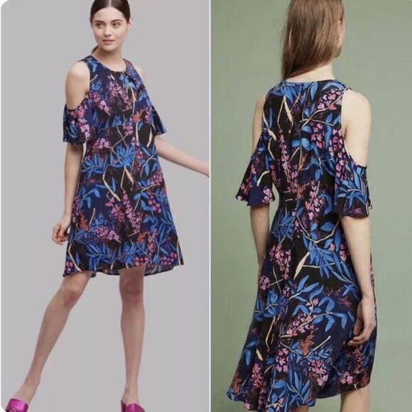 MAEVE Anthropologie Women’s Elia Cold Shoulder Floral Mini Dress Sz 4 - Picture 1 of 7